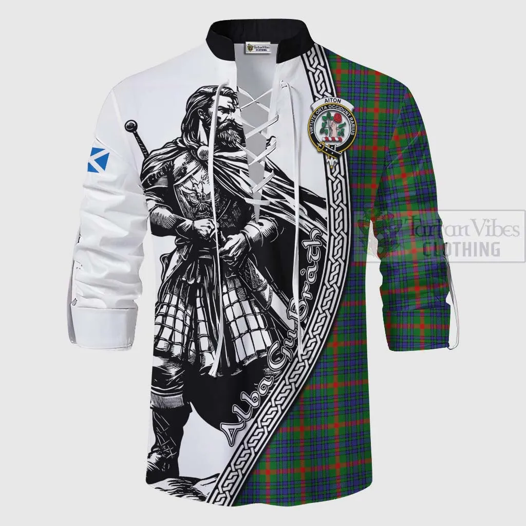 Aiton Tartan Clan Crest Ghillie Kilt Shirt with Highlander Warrior Celtic Style