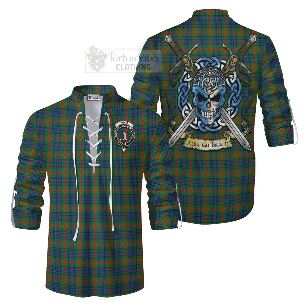 Aiton Tartan Ghillie Kilt Shirt with Family Crest Celtic Skull Style