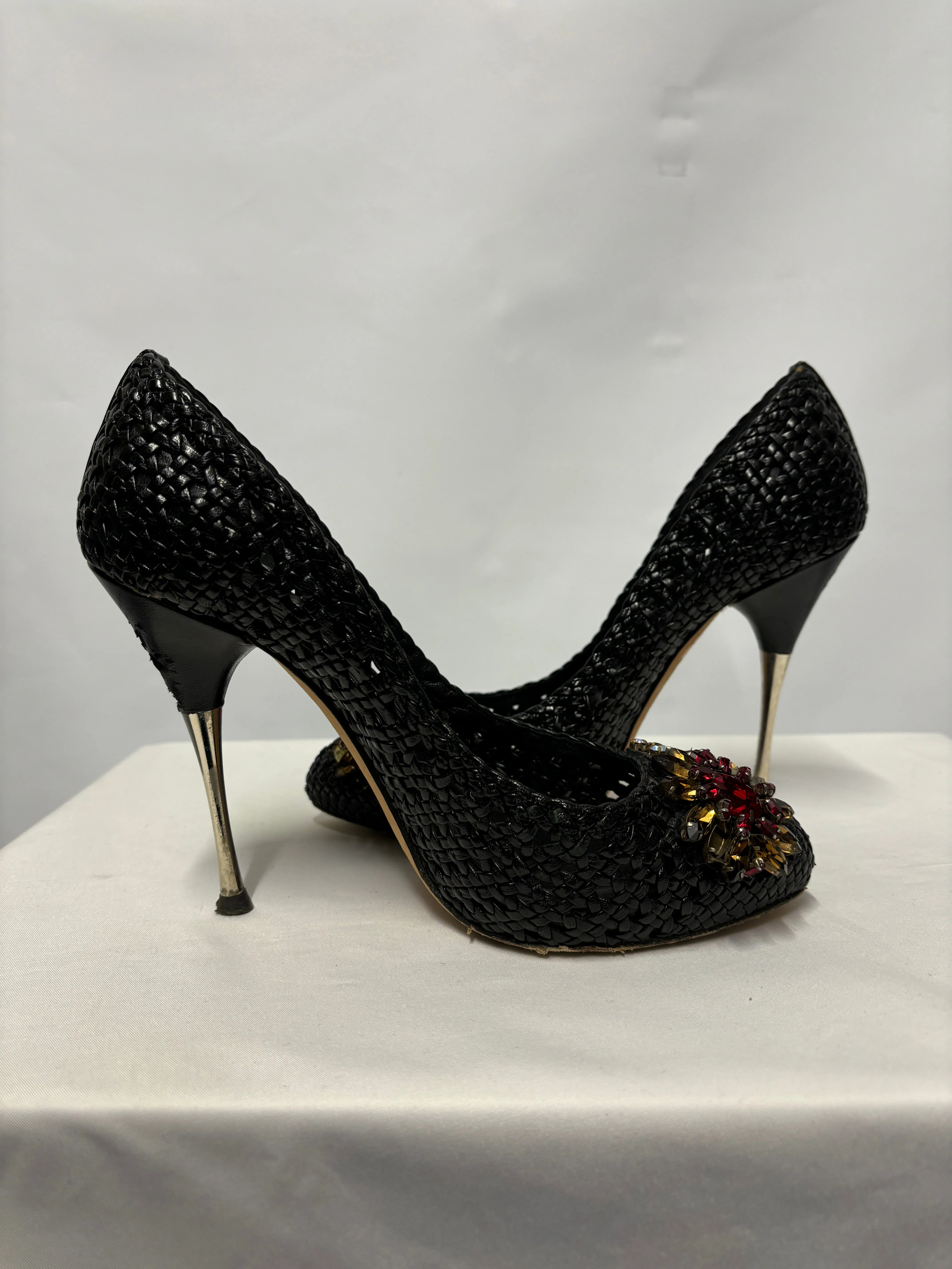 Alexander Mcqueen Black Leather Woven Stiletto Heels 3