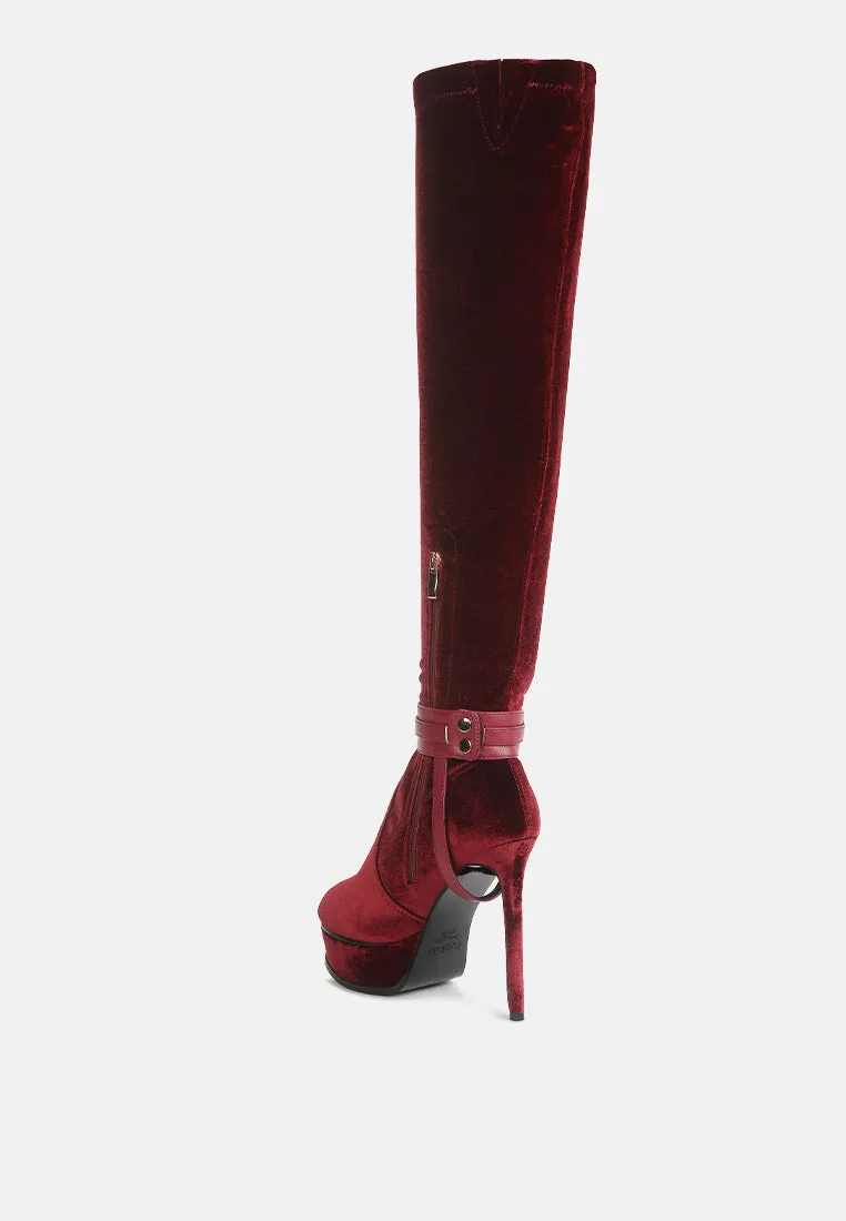 Bison High Heeled Long Velvet Boots