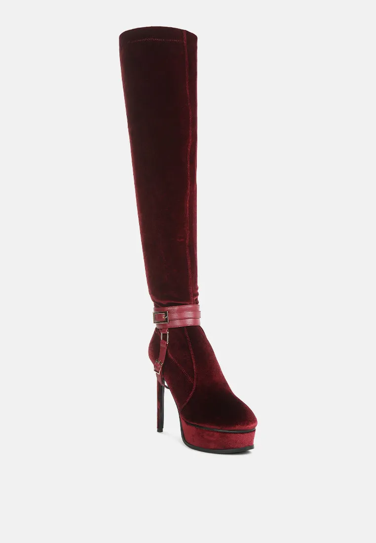 Bison High Heeled Long Velvet Boots