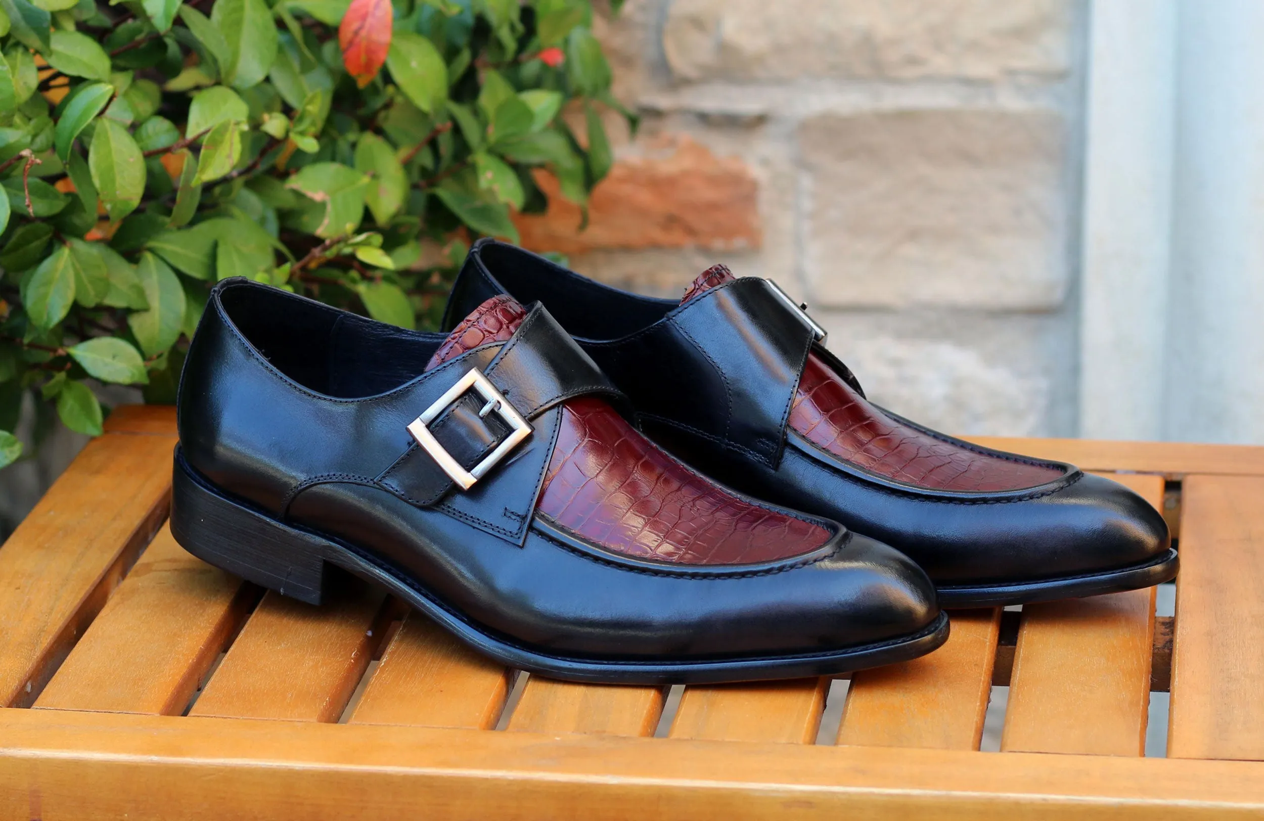 Calfskin Slip-On Spectator Monkstrap Shoe Black/Burgundy