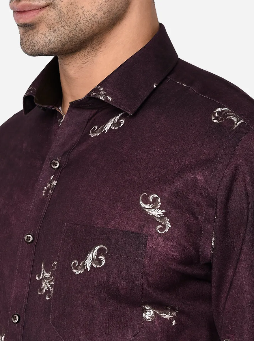 Dark Wine Printed Slim Fit Party Wear Shirt | Greenfibre