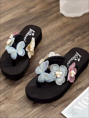 Girls Butterfly Flower and Pearl Embellished Flip Flops By Liv and Mia