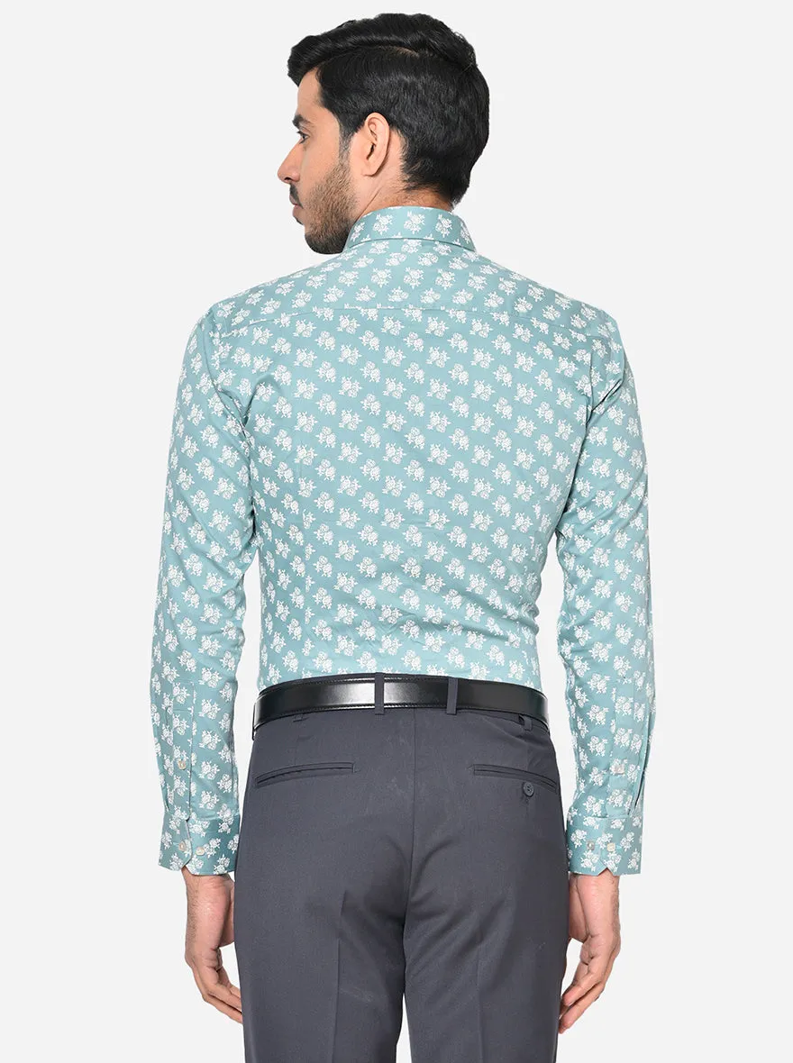 Mint Green Printed Slim Fit Party Wear Shirt | Greenfibre