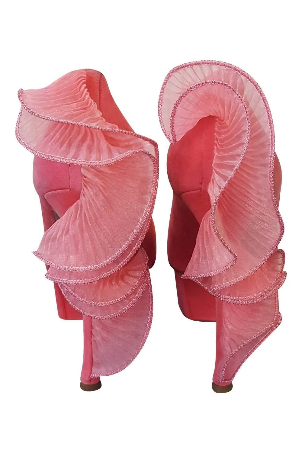 NICHOLAS KIRKWOOD Salmon Pink Ruffle Trim Suede Platform Heels (40.5)