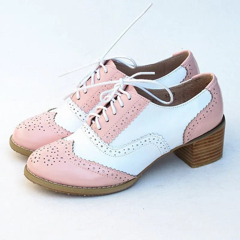 Patchwork Lace-up Multi-color Vegan Leather Thick Heels Oxford Shoes