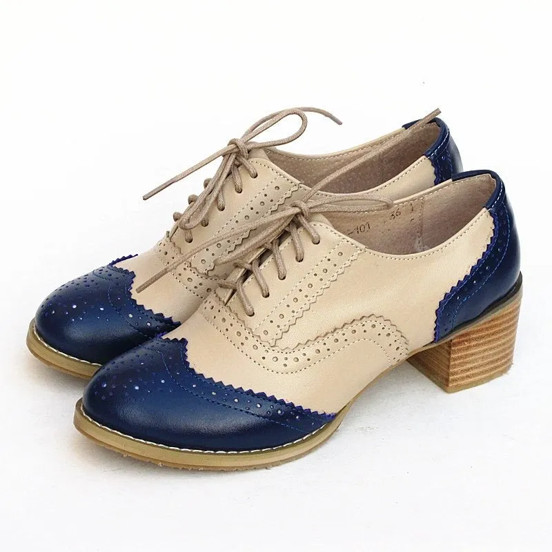 Patchwork Lace-up Multi-color Vegan Leather Thick Heels Oxford Shoes