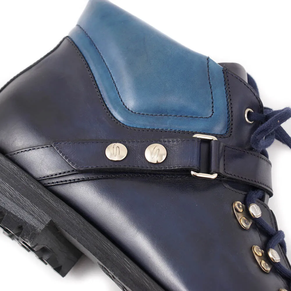 Santoni Calf Leather Hiking Boots in Navy Blue