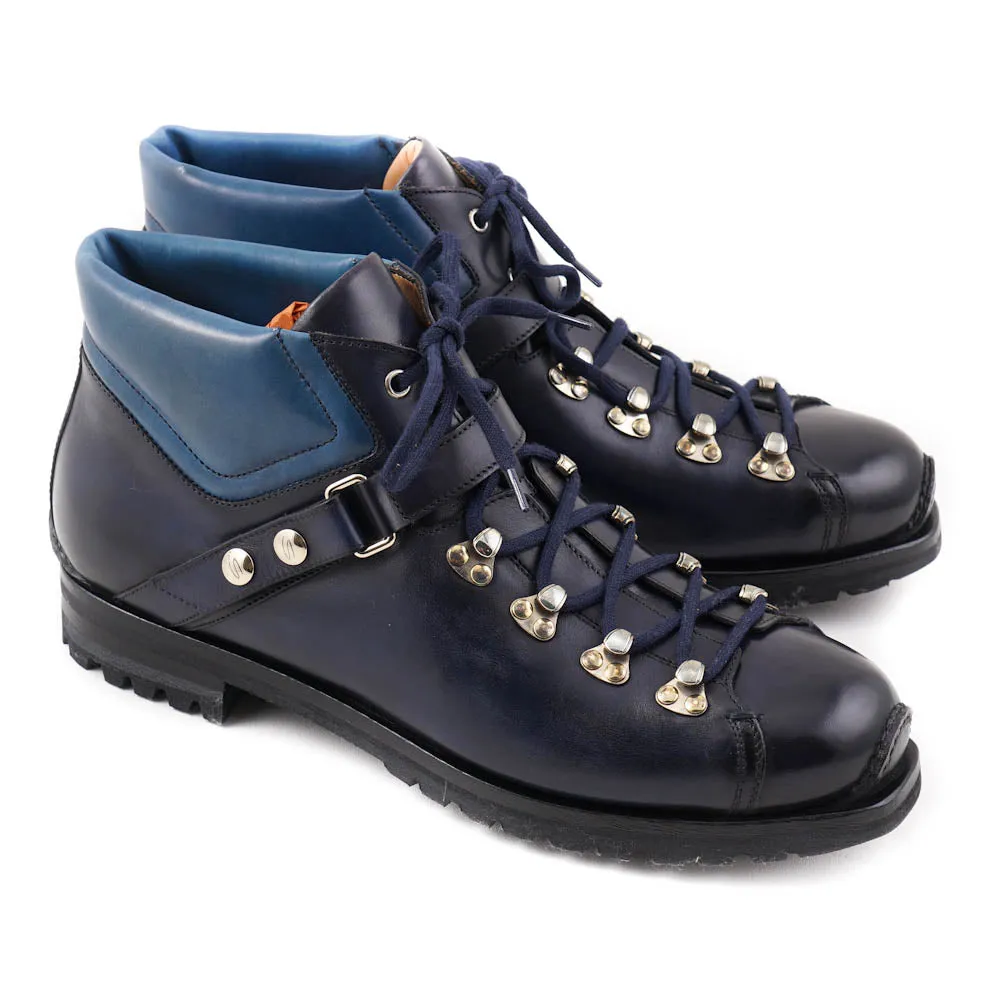 Santoni Calf Leather Hiking Boots in Navy Blue