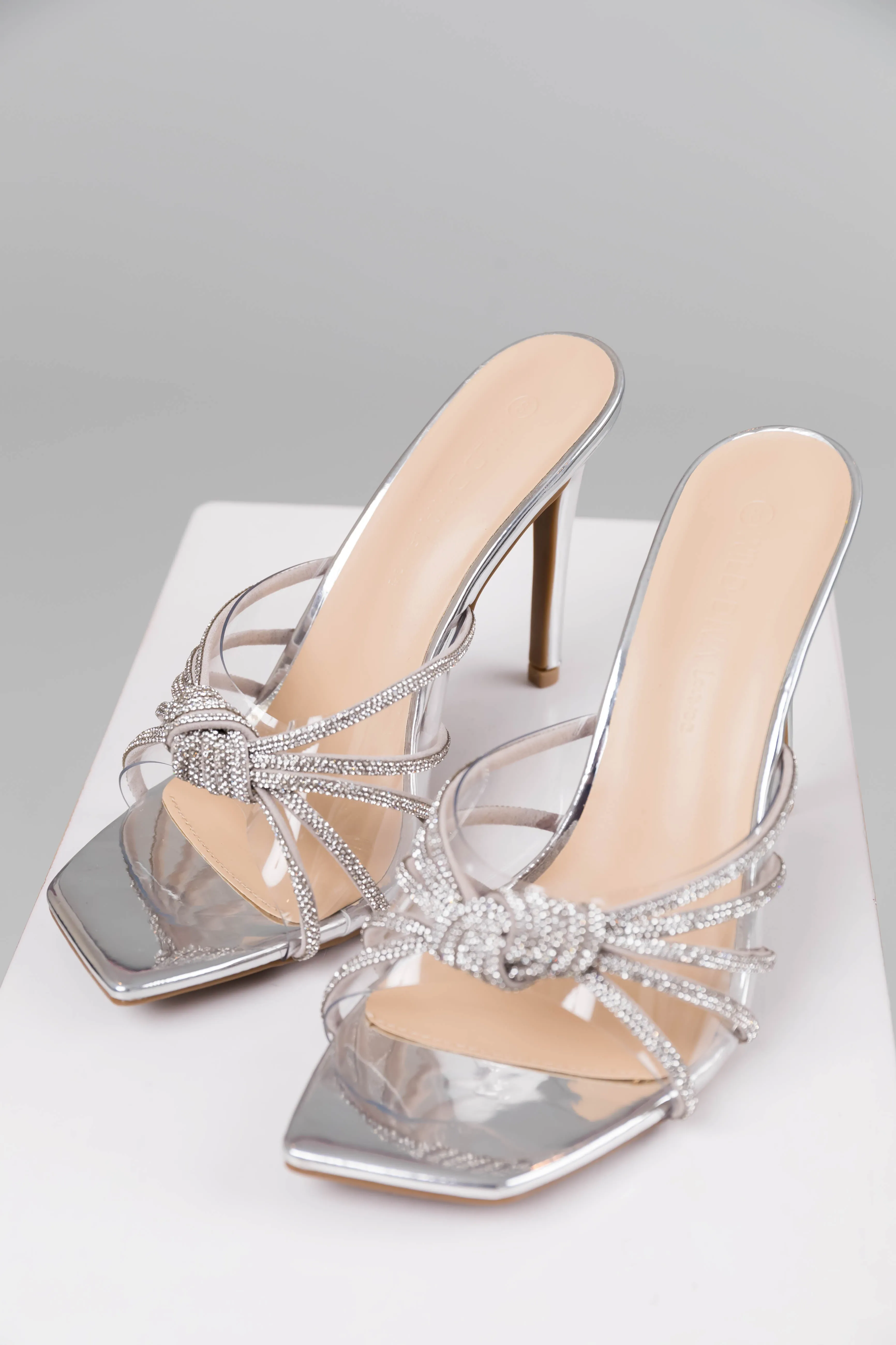 Silver Faux Leather Rhinestone Knot Strap Heels