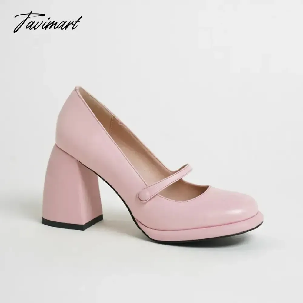 TAVIMART  Spring Women's Pumps Genuine Leather Shoes for Women Round Toe Chunky Heel Shoes Super High Heel Mary Janes Sweet Platform Shoes