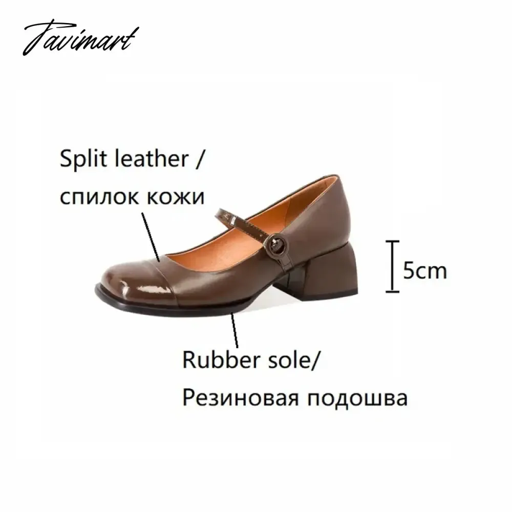 Tavimart Spring/Autumn Women Pumps Square Toe Chunky Heel Shoes for Women Split Leather Mixed Colors Mary Janes Retro Shoes Women