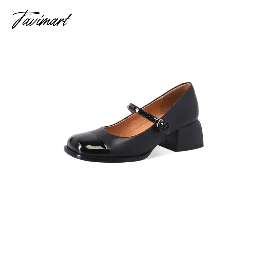 Tavimart Spring/Autumn Women Pumps Square Toe Chunky Heel Shoes for Women Split Leather Mixed Colors Mary Janes Retro Shoes Women