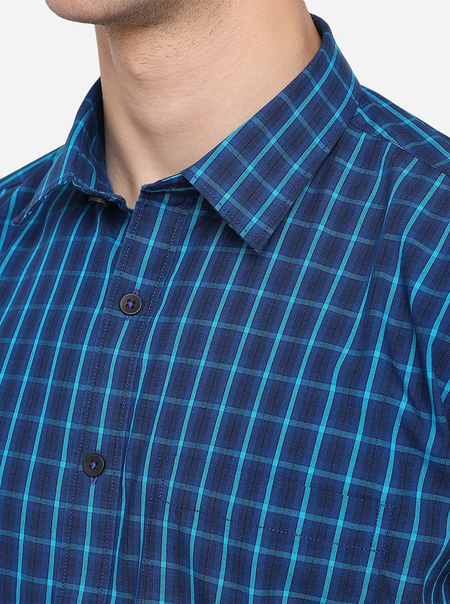 Teal Blue Checked Slim Fit Semi Casual Shirt | Greenfibre