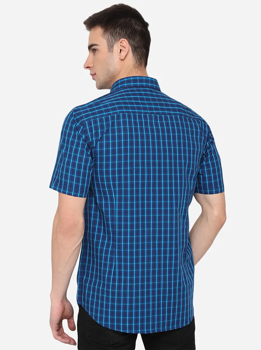 Teal Blue Checked Slim Fit Semi Casual Shirt | Greenfibre