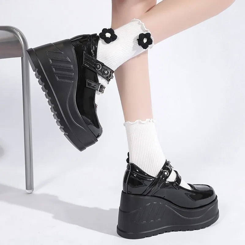 Toleet Gothic Chunky Platform Wedge Pumps Women Black Patent Leather Buckle Strap Y2K Shoes Woman Thick Bottom Mary Janes Cosplay Shoes