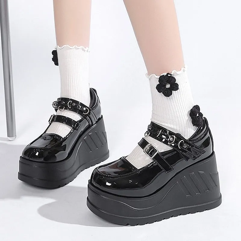 Toleet Gothic Chunky Platform Wedge Pumps Women Black Patent Leather Buckle Strap Y2K Shoes Woman Thick Bottom Mary Janes Cosplay Shoes