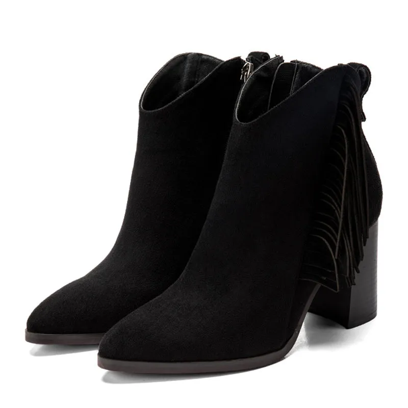 Trendy Plus Size Fashion Tassel High Heel Ankle Boots Women Warm And Comfortable Flock Ladies Winter Boots