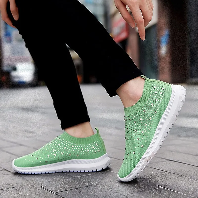 Womens Casual Fashion Rhinestone Breathable Slip On Sneakers