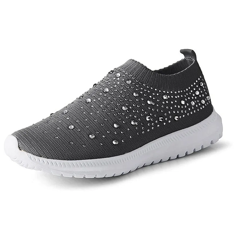 Womens Casual Fashion Rhinestone Breathable Slip On Sneakers