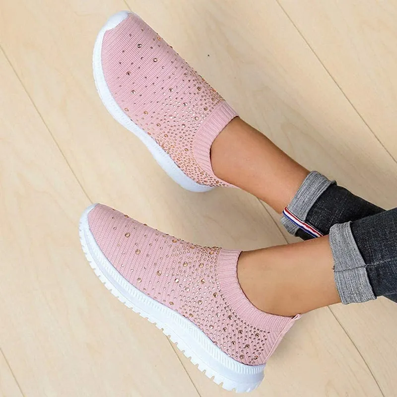 Womens Casual Fashion Rhinestone Breathable Slip On Sneakers