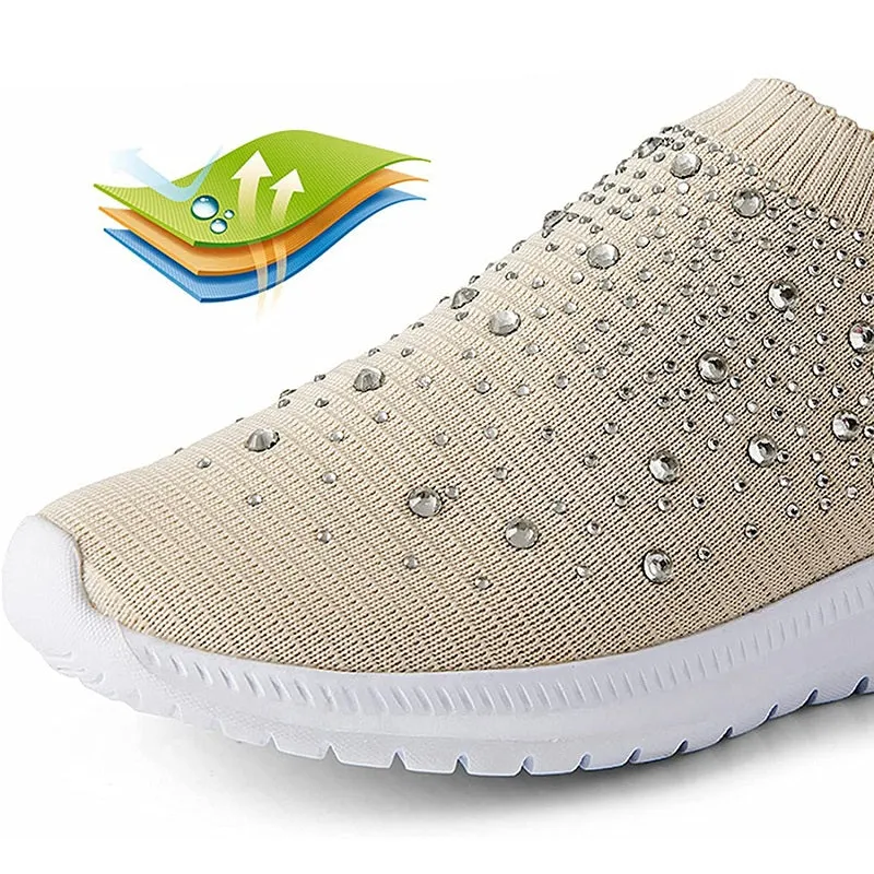 Womens Casual Fashion Rhinestone Breathable Slip On Sneakers