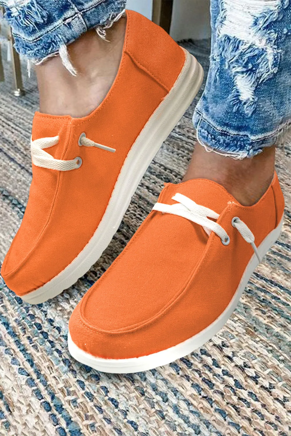 Women's Orange Slip On Lace Up Loafer Canvas Shoes